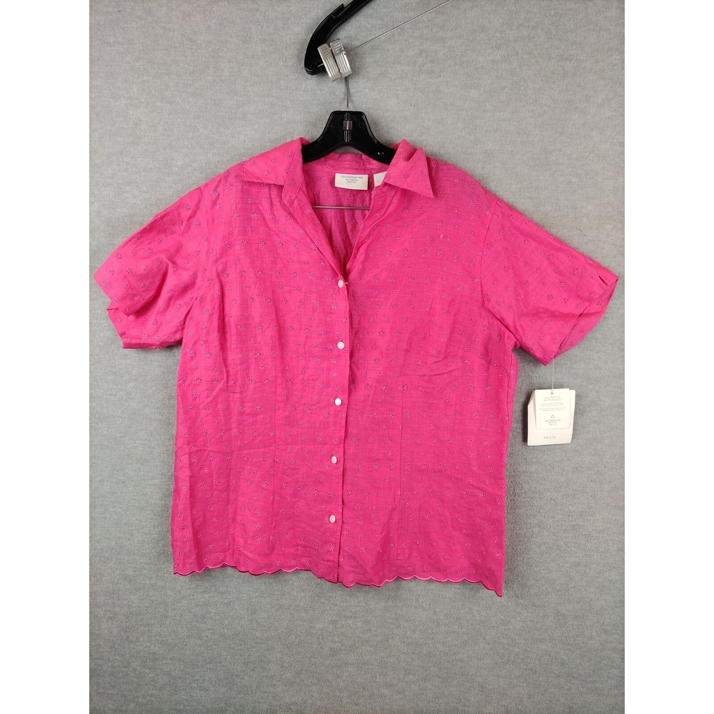 NEW Liz‎ Claiborne Womens Shirt Petite 1P Pink Eyelet Scallop Embroidered Linen